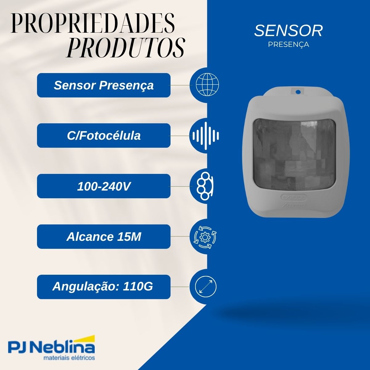 Sensor Presença C/Fotocélula Sobrepor Parede 100-240V Alcance 15M Branco - Exatron