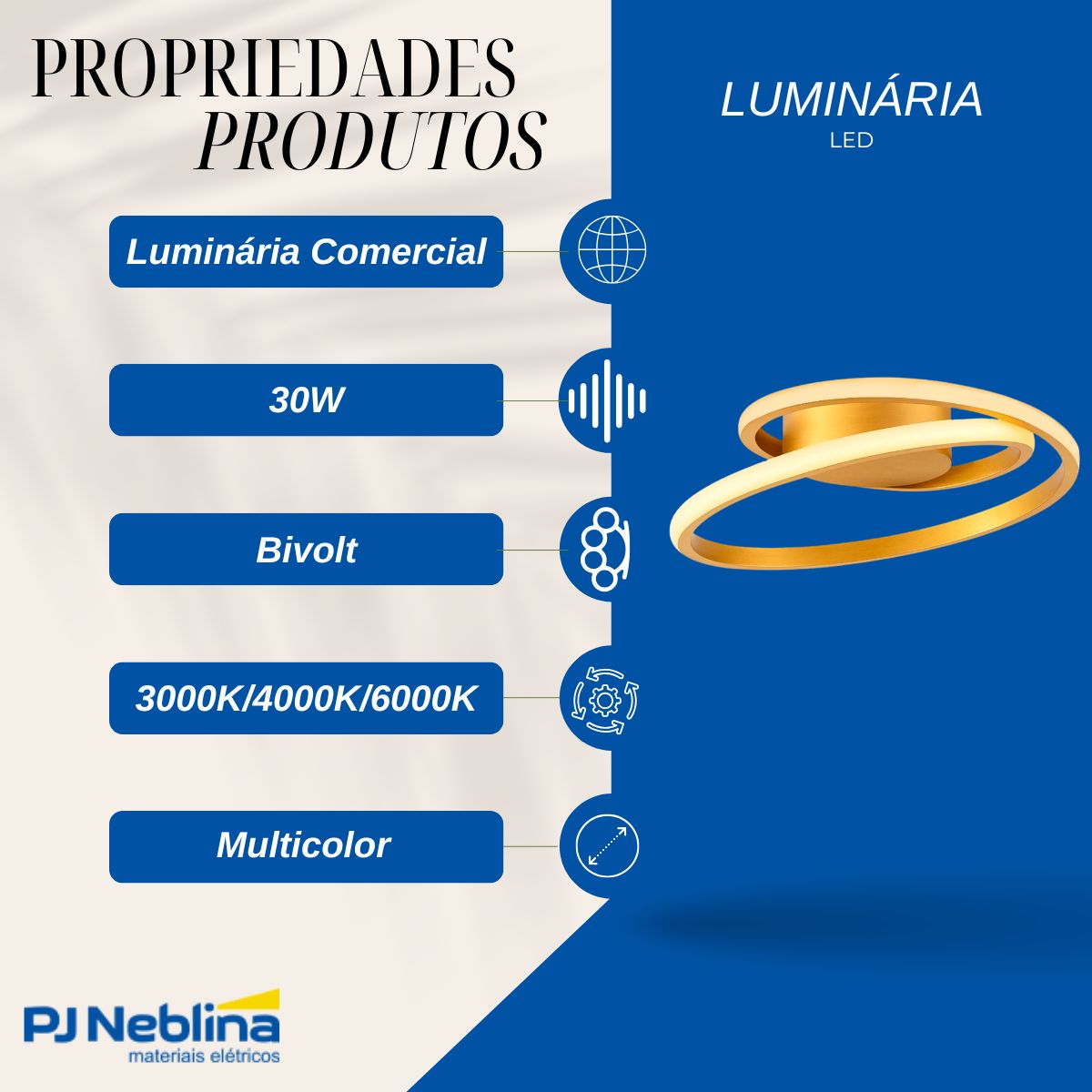 Luminaria Plafon Led Sobrepor Horizon Circle Dourado 30w Biv