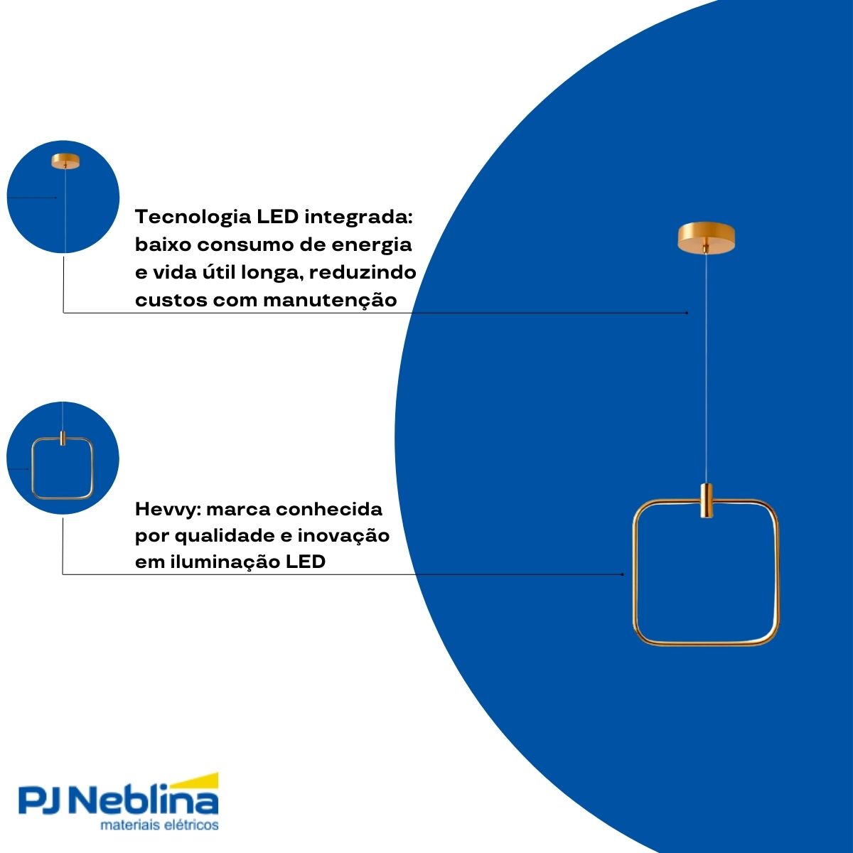 Luminária Pendente Led Sobrepor Millennium Quadrado Dourado 10W Bivolt 3000K Branco Quente 3400Lm - Hevvy