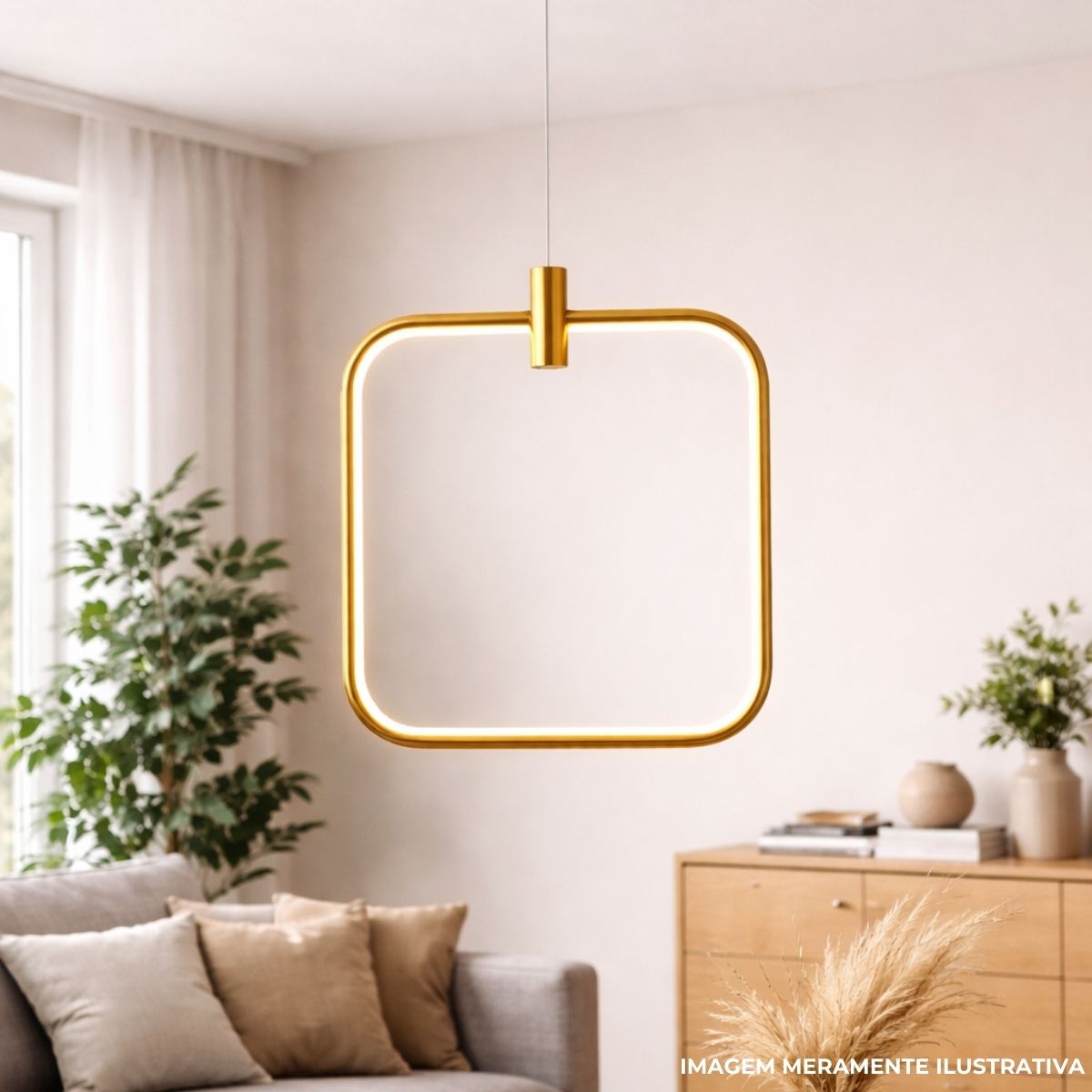 Luminária Pendente Led Sobrepor Millennium Quadrado Dourado 10W Bivolt 3000K Branco Quente 3400Lm - Hevvy