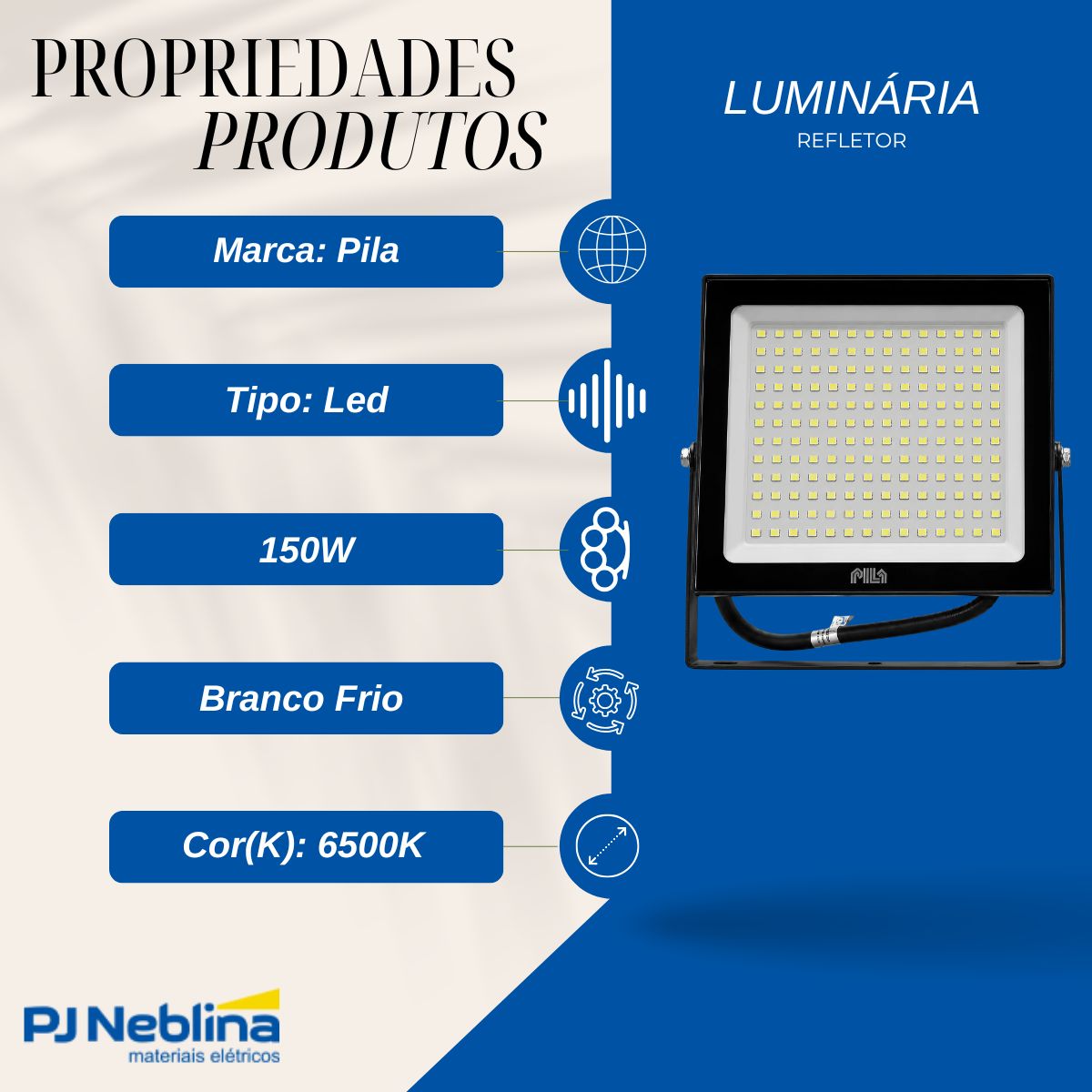 Luminária Refletor Led Retangular Sobrepor Pt 150W Bivolt 6500K Branco Frio 9750Lm Difuso Vidro Temperado Ip65 - Pila