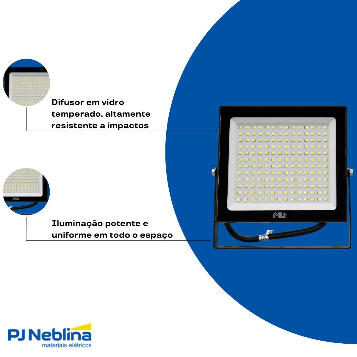 Luminária Refletor Led Retangular Sobrepor Pt 150W Bivolt 6500K Branco Frio 9750Lm Difuso Vidro Temperado Ip65 - Pila