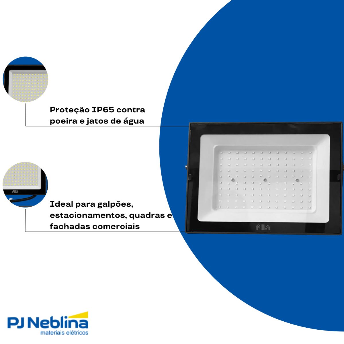 Luminária Refletor Led Retangular Sobrepor Preto 200W Bivolt 6500K Branco Frio 13000Lm Difusor Vidro Temperado Ip65 - Pila