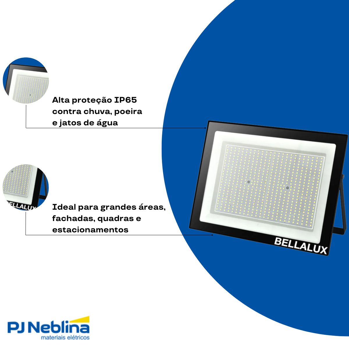 Luminária Refletor Led Retangular Sobrepor Preto 300W Bivolt 6500K Branco Frio 24000Lm Difusor Vidro Temperado C/Protetor Surto 2Kv Ip65 - Bellalux