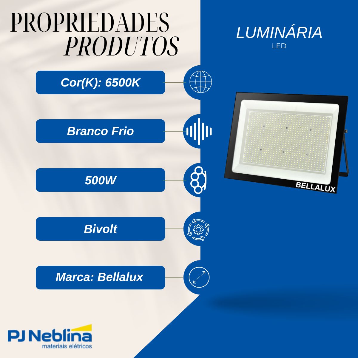 Luminária Refletor Led Retangular Sobrepor Preto 500W Bivolt 6500K Branco Frio 40000Lm Difusor Vidro Temperatura C/Protetor Surto 2Kv Ip65 - Bellalux