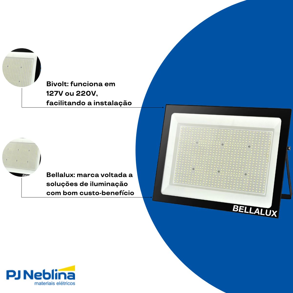 Luminária Refletor Led Retangular Sobrepor Preto 500W Bivolt 6500K Branco Frio 40000Lm Difusor Vidro Temperatura C/Protetor Surto 2Kv Ip65 - Bellalux