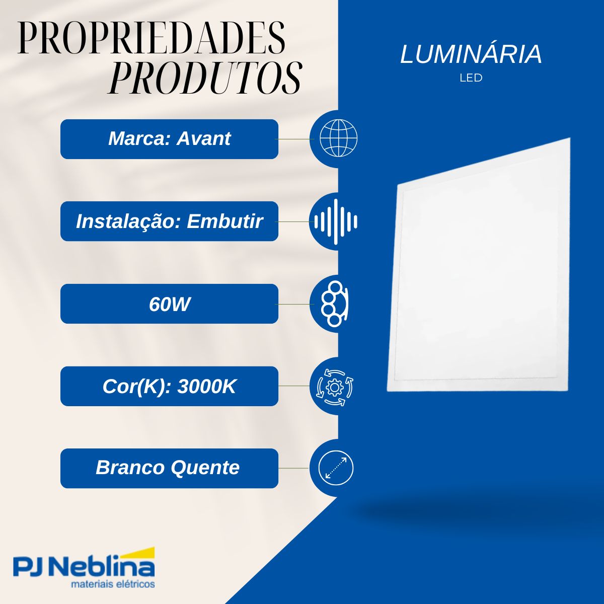 Luminária Painel Led Embutir quadrado Bc 60W Bivolt 3000K Branco Quente 4800Lm Difusor Acrílico - Avant