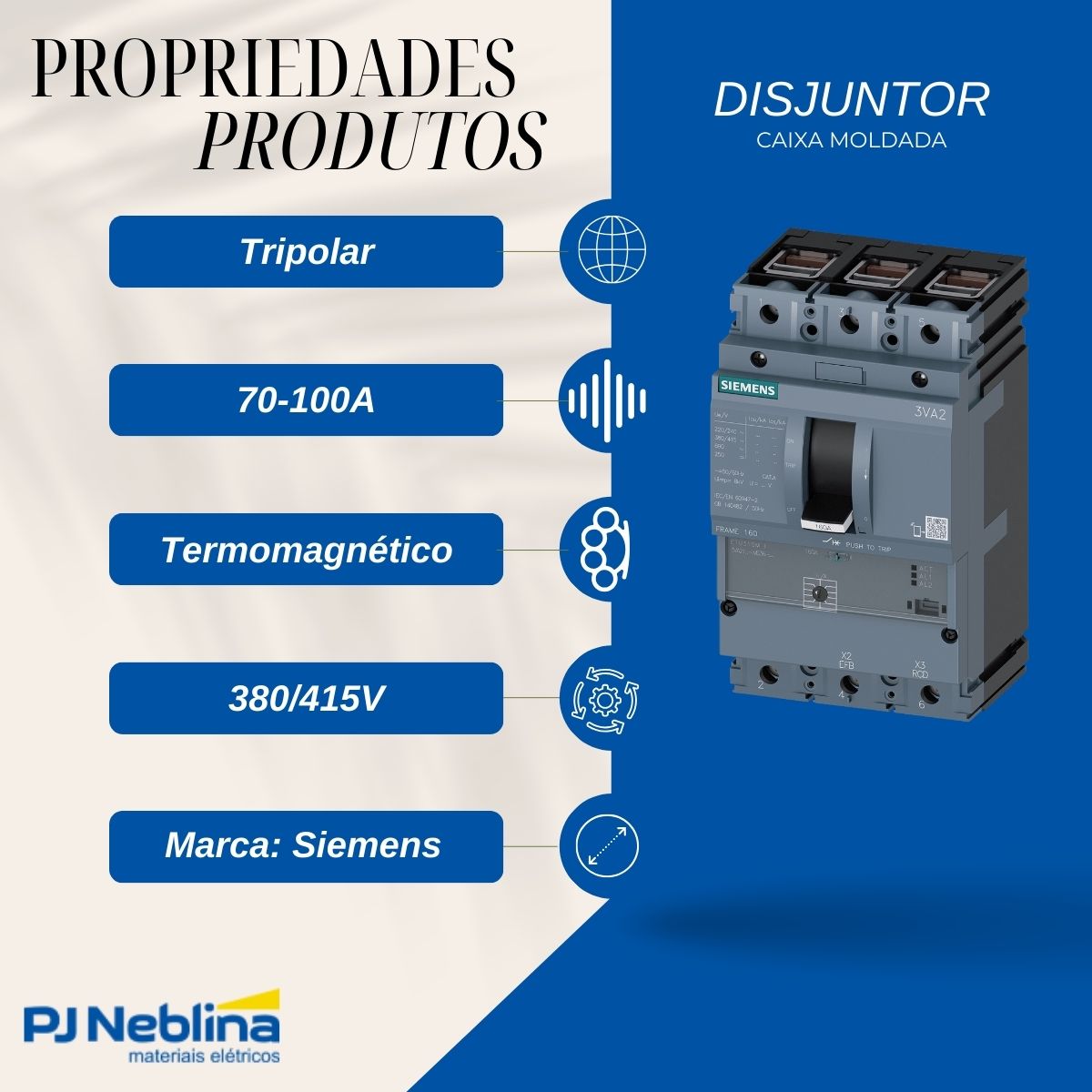 Disjuntor Caixa Moldada Tripolar 70-100A 70Ka 380/415V 50/60Hz - Siemens