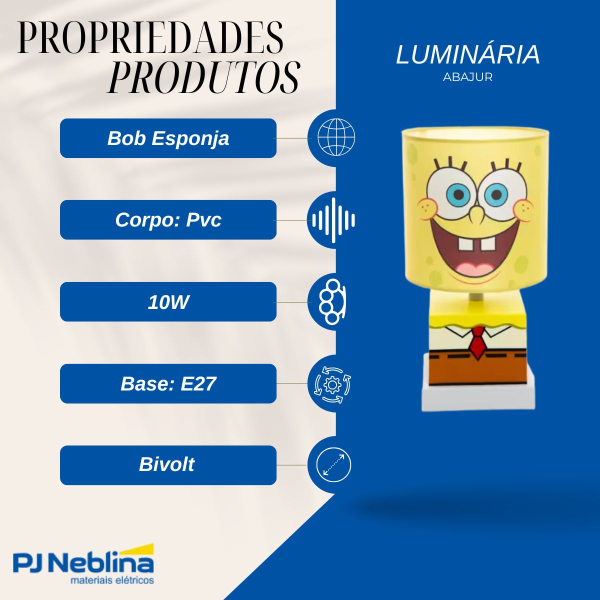 Luminária Abajur Sobrepor Bob Esponja Amarelo 10W E27 Bivolt - Gaya