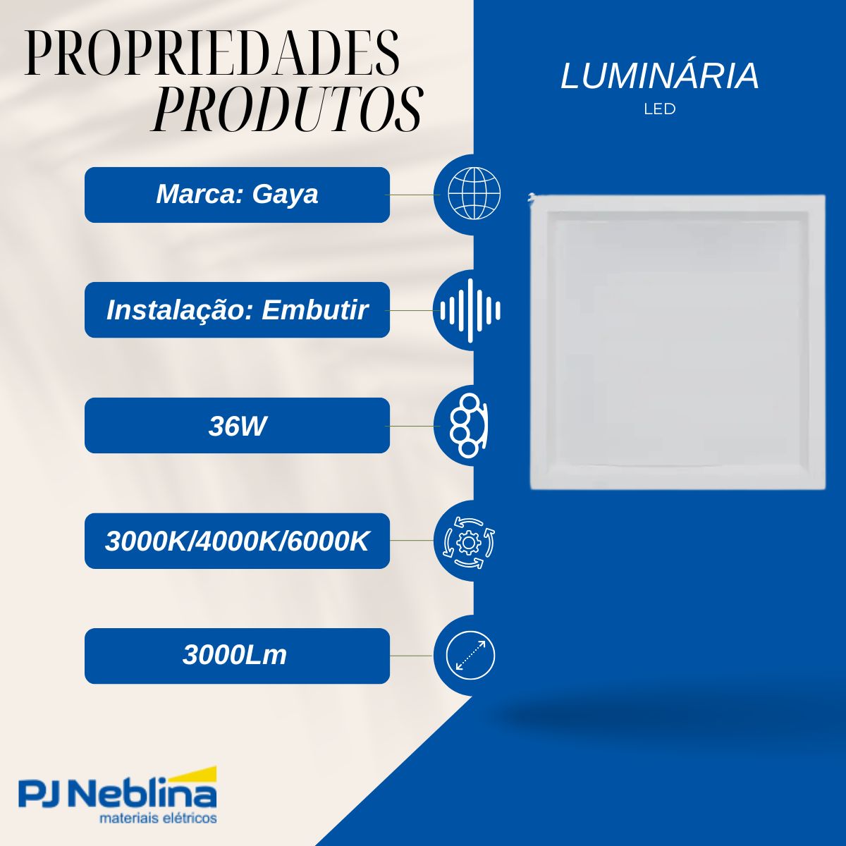Luminária Painel Led Embutir Quad Bc 36W Bivolt 3000K/4000K/6000K 3000Lm - Gaya