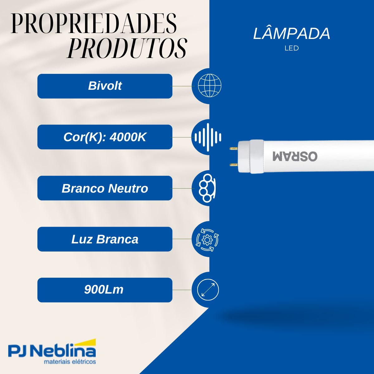 Lâmpada Led Tubular T8 Fosca 9W Bivolt G13 4000K Branco Neutro Luz Branca 900Lm 600X28Mm Vidro - Osram