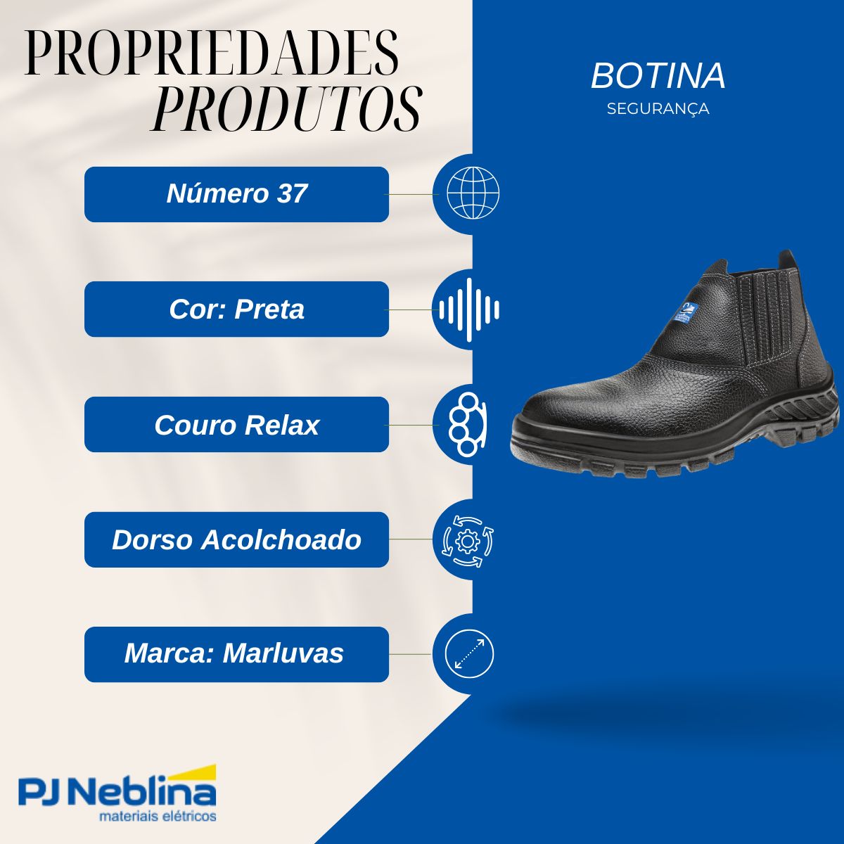 Calçado Segurança Botina Dorso Acolchoado Couro Relax Pt Elástico Lateral Nr 37 Poliuretano (Pu) Bidensidade Biqueira Composite C/Palm Antibactérias Forro Int Gaspea Ca-47459 - Marluvas