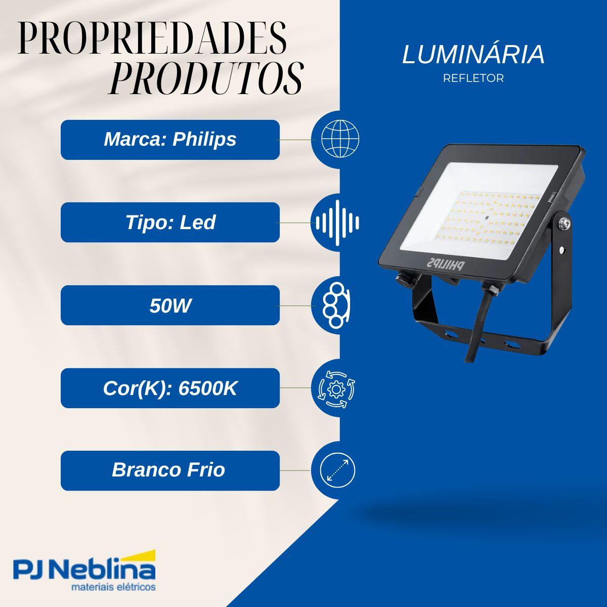 Luminária Refletor Led Retangular Preto 50W Bivolt 6500K Branco Frio 5000Lm Difusor Policarbonato 110G Ip65 - Philips