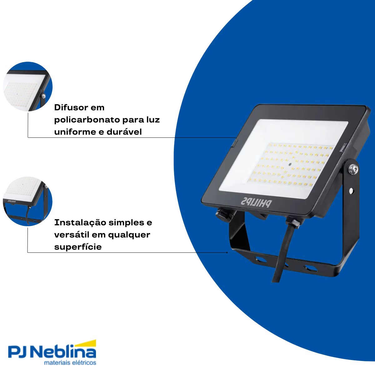 Luminária Refletor Led Retangular Preto 50W Bivolt 6500K Branco Frio 5000Lm Difusor Policarbonato 110G Ip65 - Philips