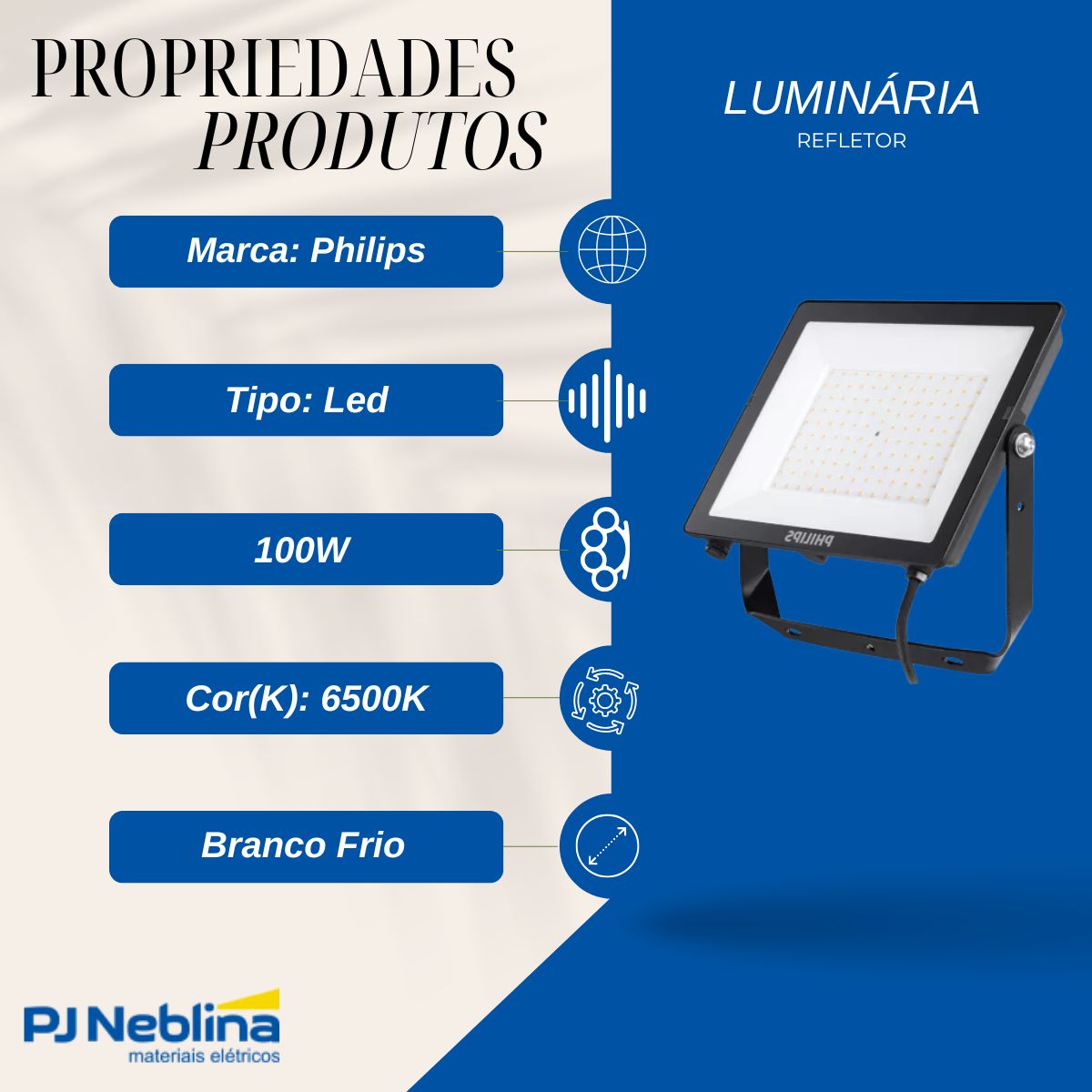 Luminária Refletor Led Retangular Preto 100W Bivolt 6500K Branco Frio 10000Lm Difusor Policarbonato 110G Ip65 - Philips