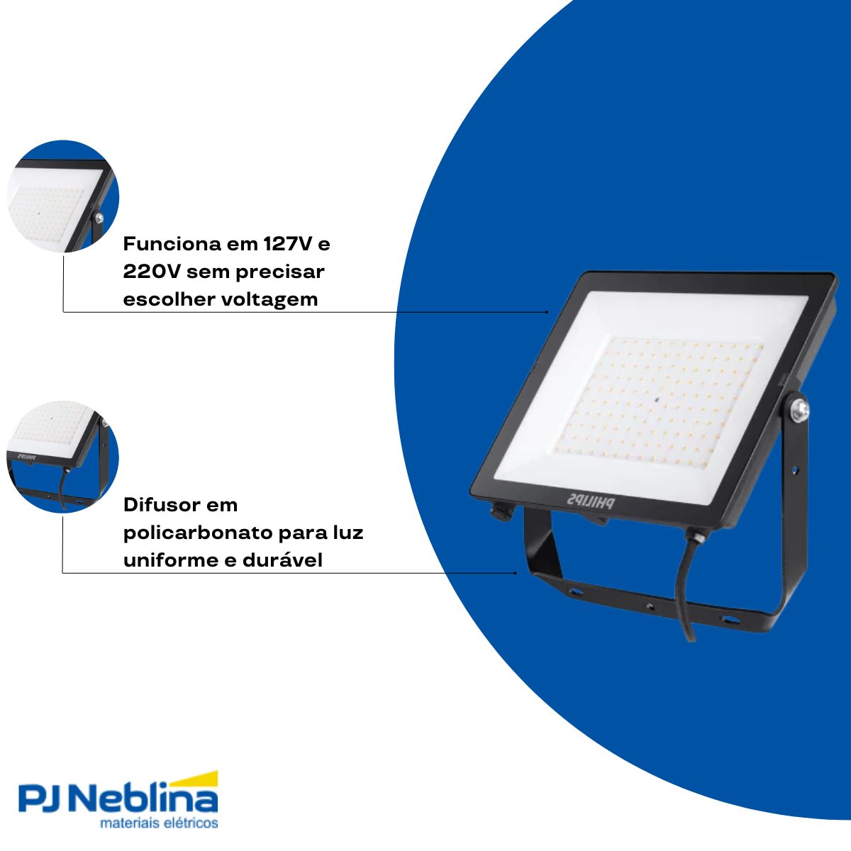 Luminária Refletor Led Retangular Preto 100W Bivolt 6500K Branco Frio 10000Lm Difusor Policarbonato 110G Ip65 - Philips