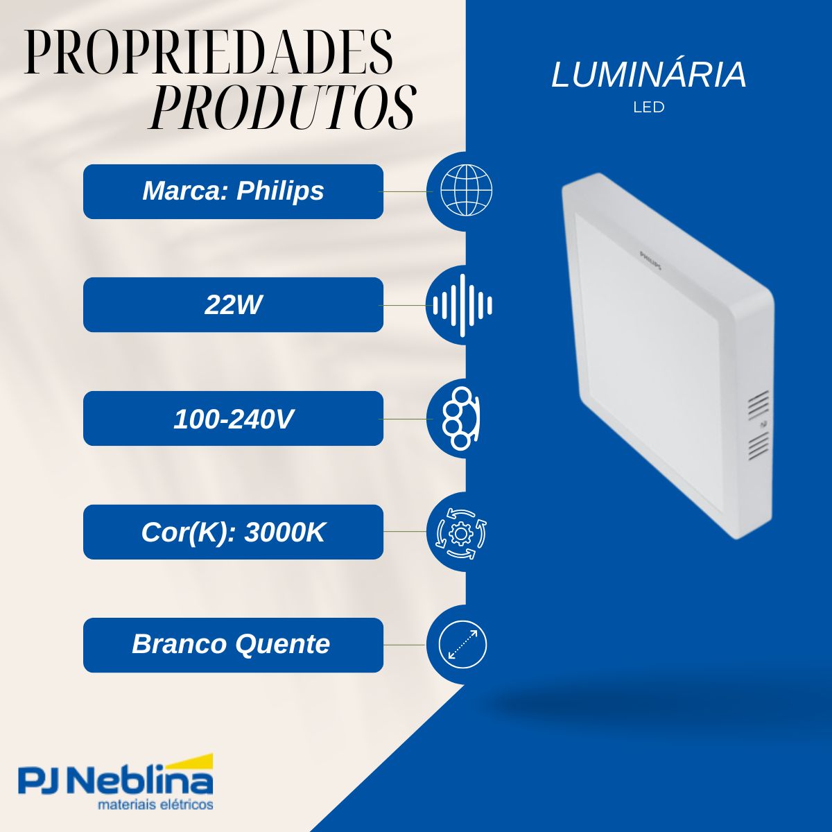 Luminária Plafon Led Sobrepor Quadrado Branco 22W 100-240V 3000K Branco Quente 1860Lm Difusor Poliestireno - Philips