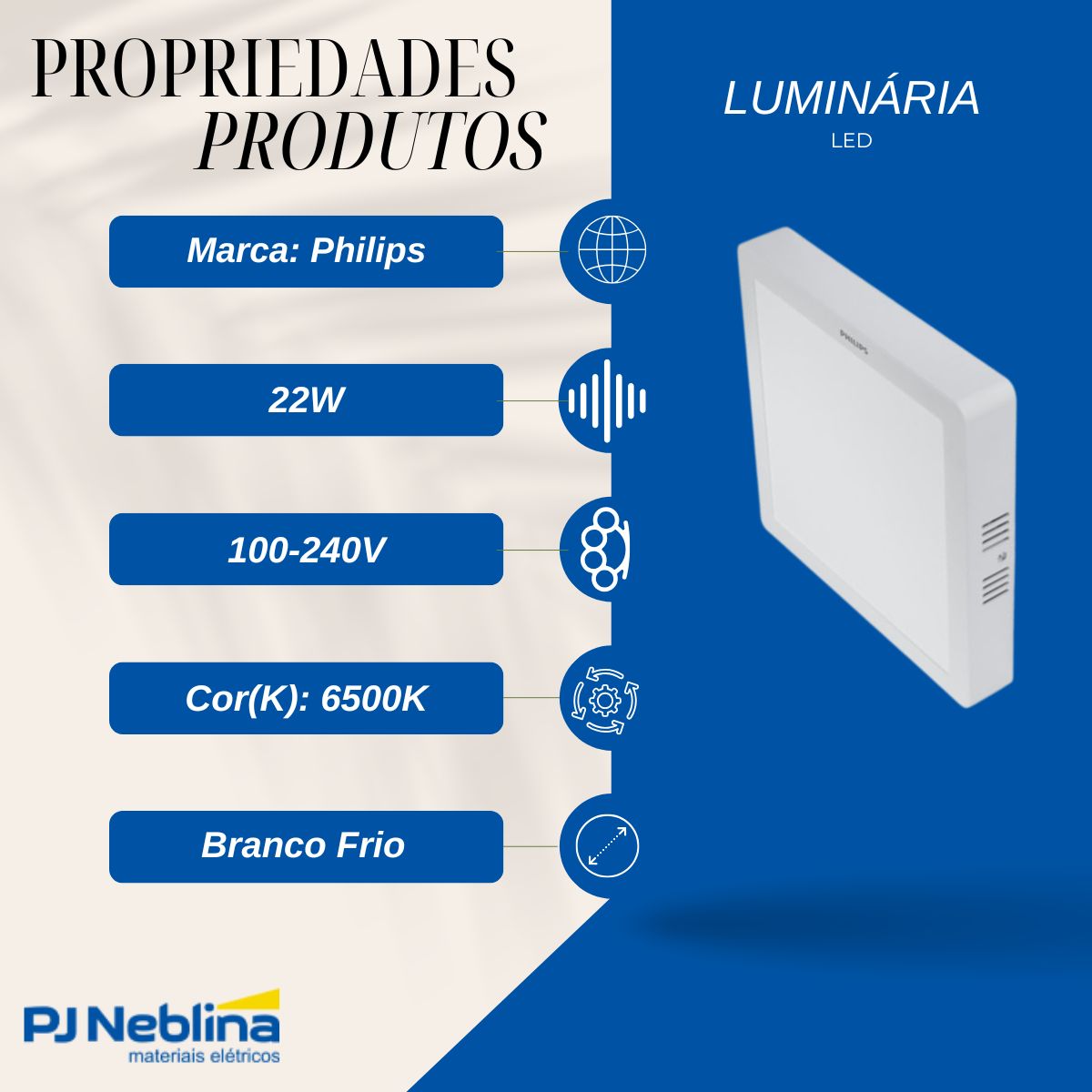 Luminária Plafon Led Sobrepor Quadrado Branco 22W 100-240V 6500K Branco Frio 2000Lm Difusor Poliestireno - Philips