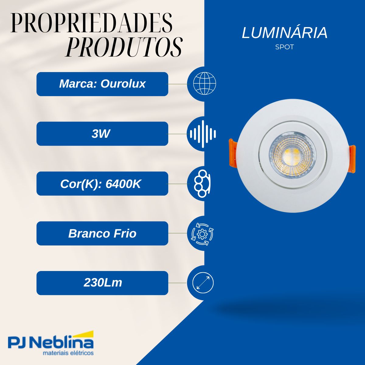 Luminária Spot Led Embutir Redondo Branco 3W Bivolt 6400K Branco Frio 230Lm - Ourolux