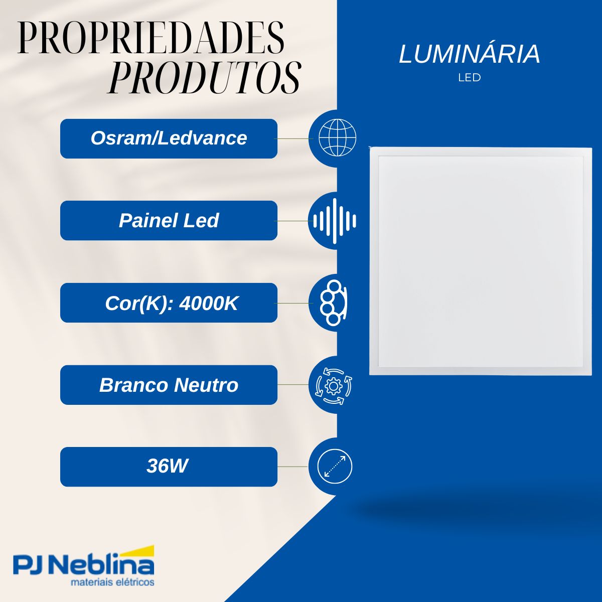 Luminária Painel Led Embutir Quadrado Branco 36W Bivolt 4000K Branco Neutro 4680Lm - Ledvance
