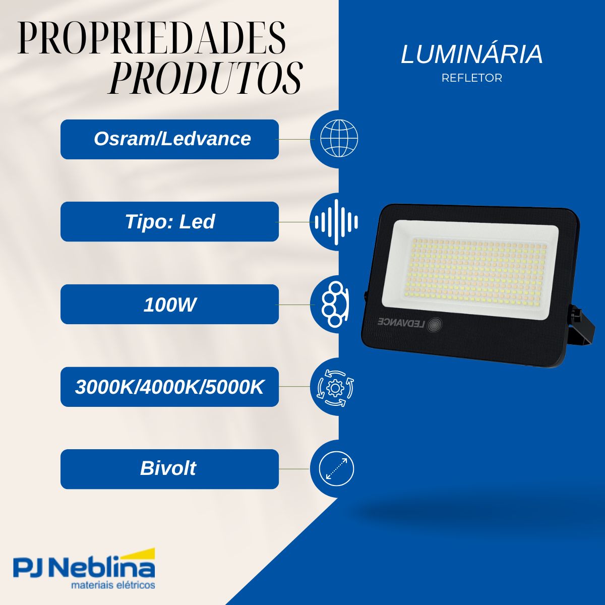 Luminária Refletor Led Retangular Sobrepor Preto 100W Bivolt 3000K/4000K/5000K Branco Quente/Neutro/Luz Do Dia - Ledvance