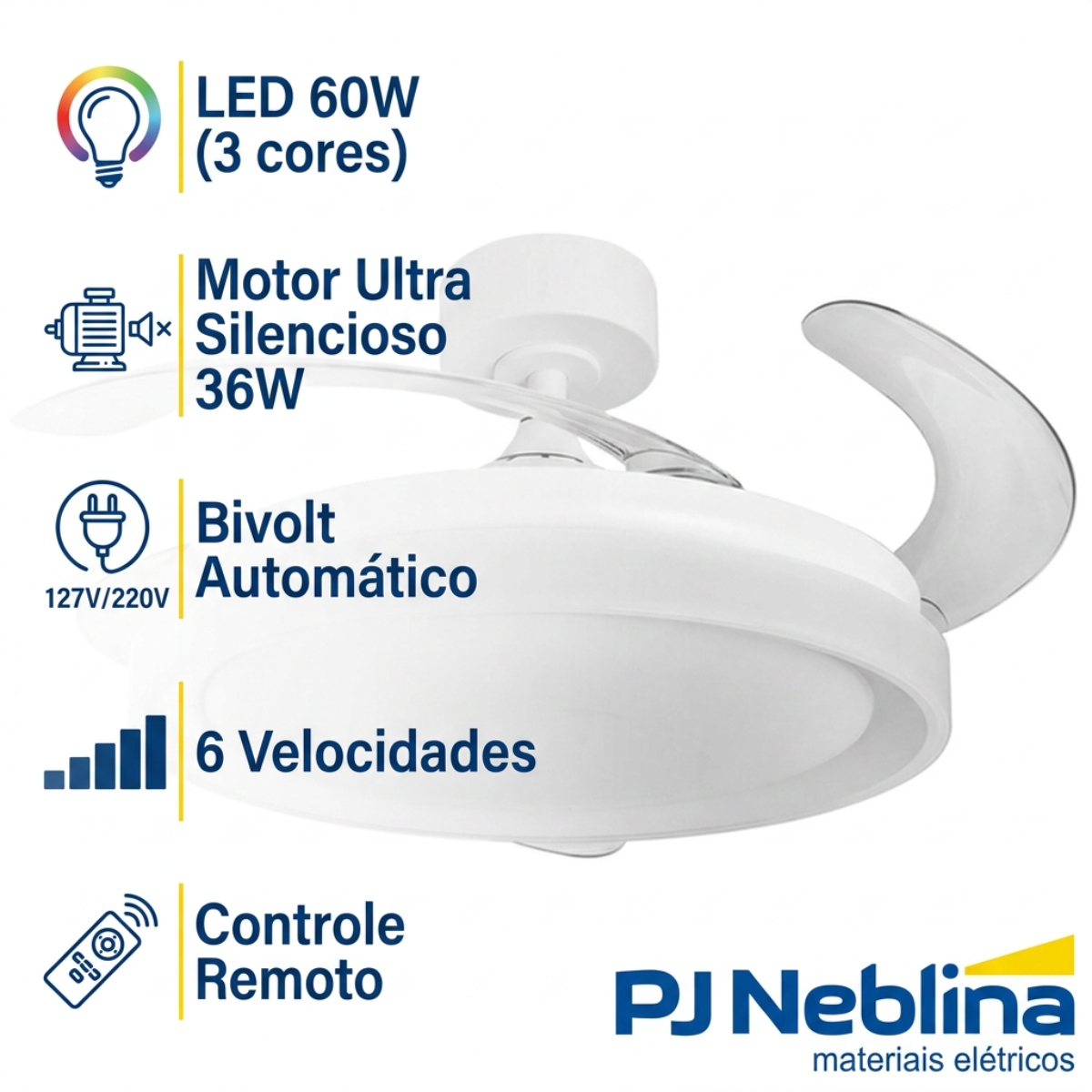 Ventilador Teto Retrátil Aruba 127/220V 96W Branco Com Controle Remoto - Tuaflix