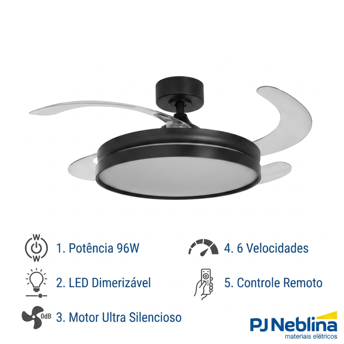 Ventilador Teto Retrátil Riviera 127/220V 96W Preto Com Controle Remoto - Tuaflix