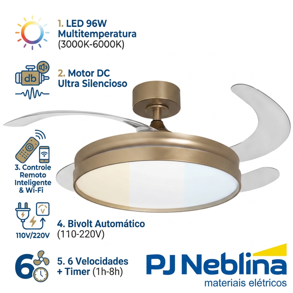 Ventilador Teto Retrátil Riviera 127/220V 96W Dourado Com Controle Remoto - Tualix