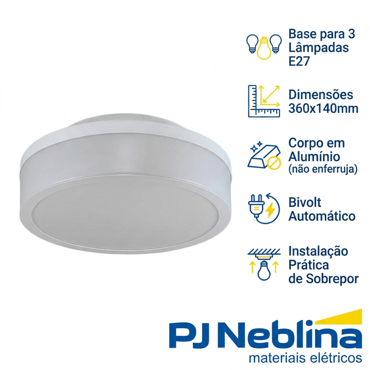 Luminária Plafon Sobrepor Santorini Branco 12W 3Xe27 Bivolt Difusor Poliestireno - Tualix
