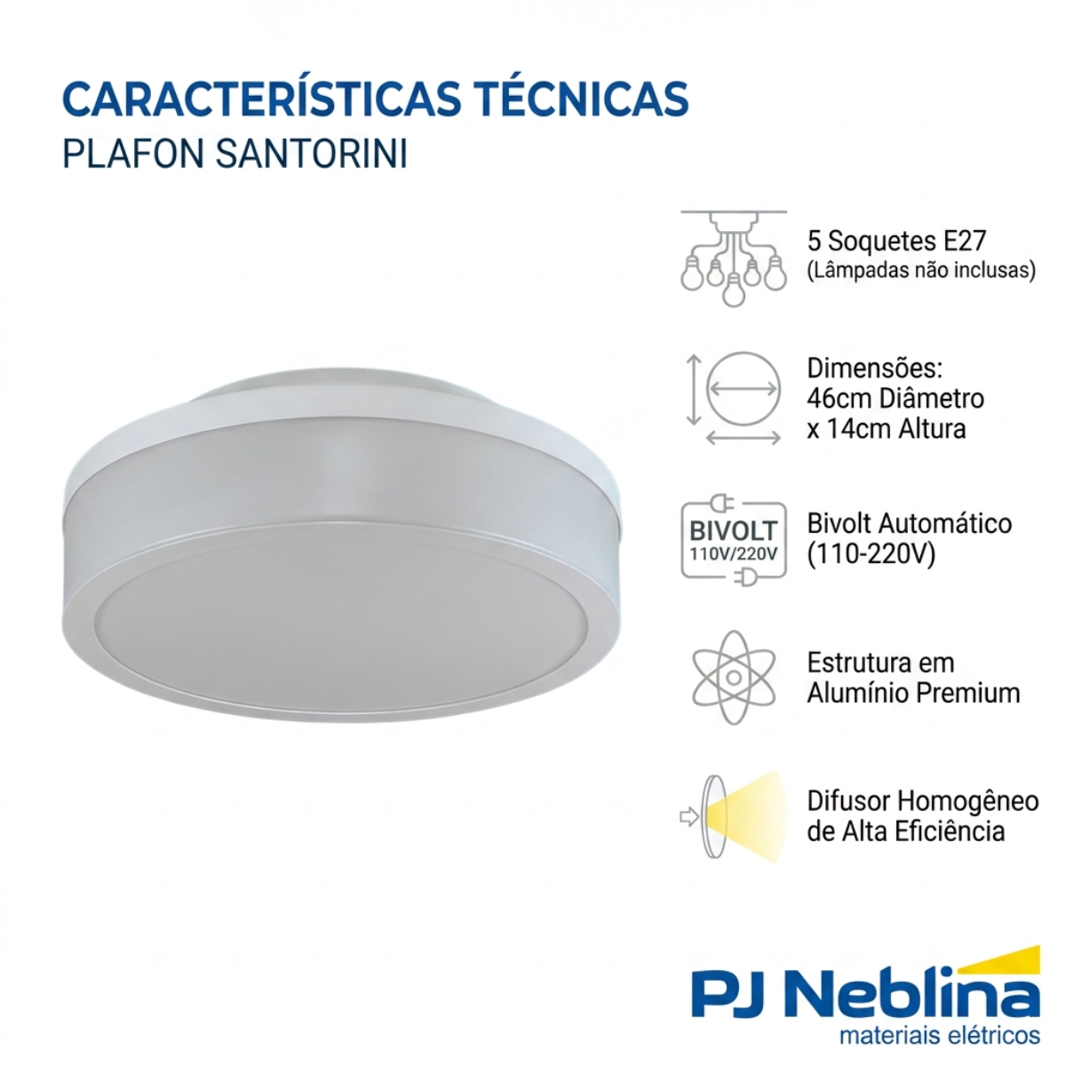 Luminária Plafon Sobrepor Santorini Branco 12W 5Xe27 Bivolt Difusor Poliestireno - Tualix