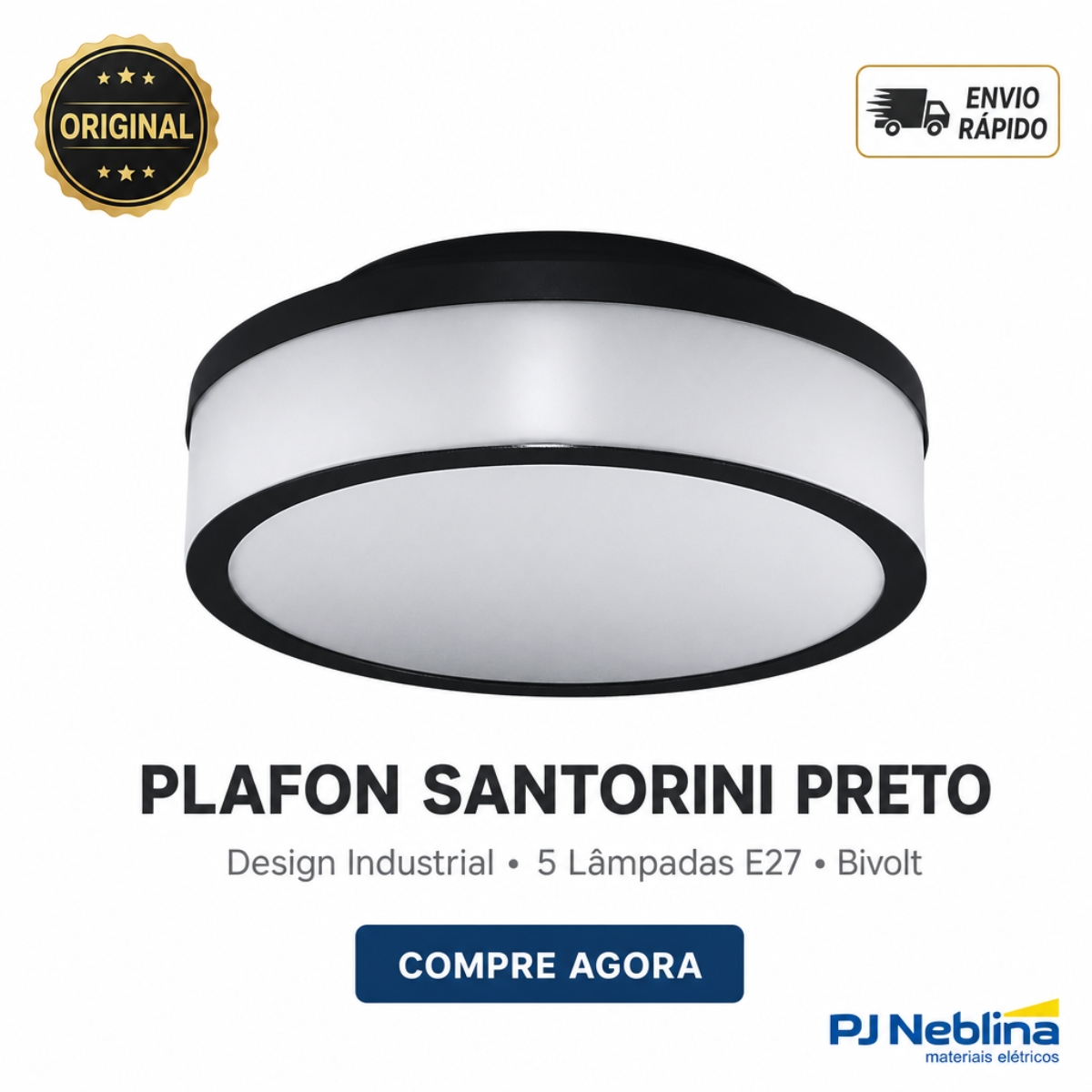 Luminária Plafon Sobrepor Santorini Preto 12W 5Xe27 Bivolt Difusor Poliestireno - Tuaflix