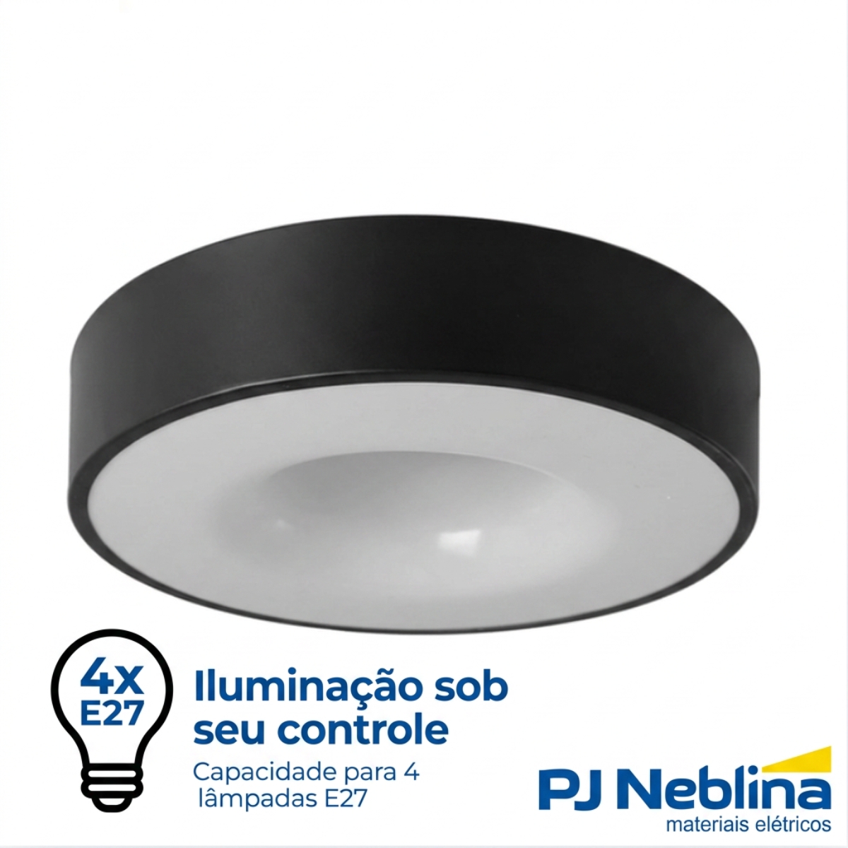 Luminária Plafon Sobrepor Nice Preto 15W 4Xe27 Bivolt Difusor Poliestireno - Tuaflix