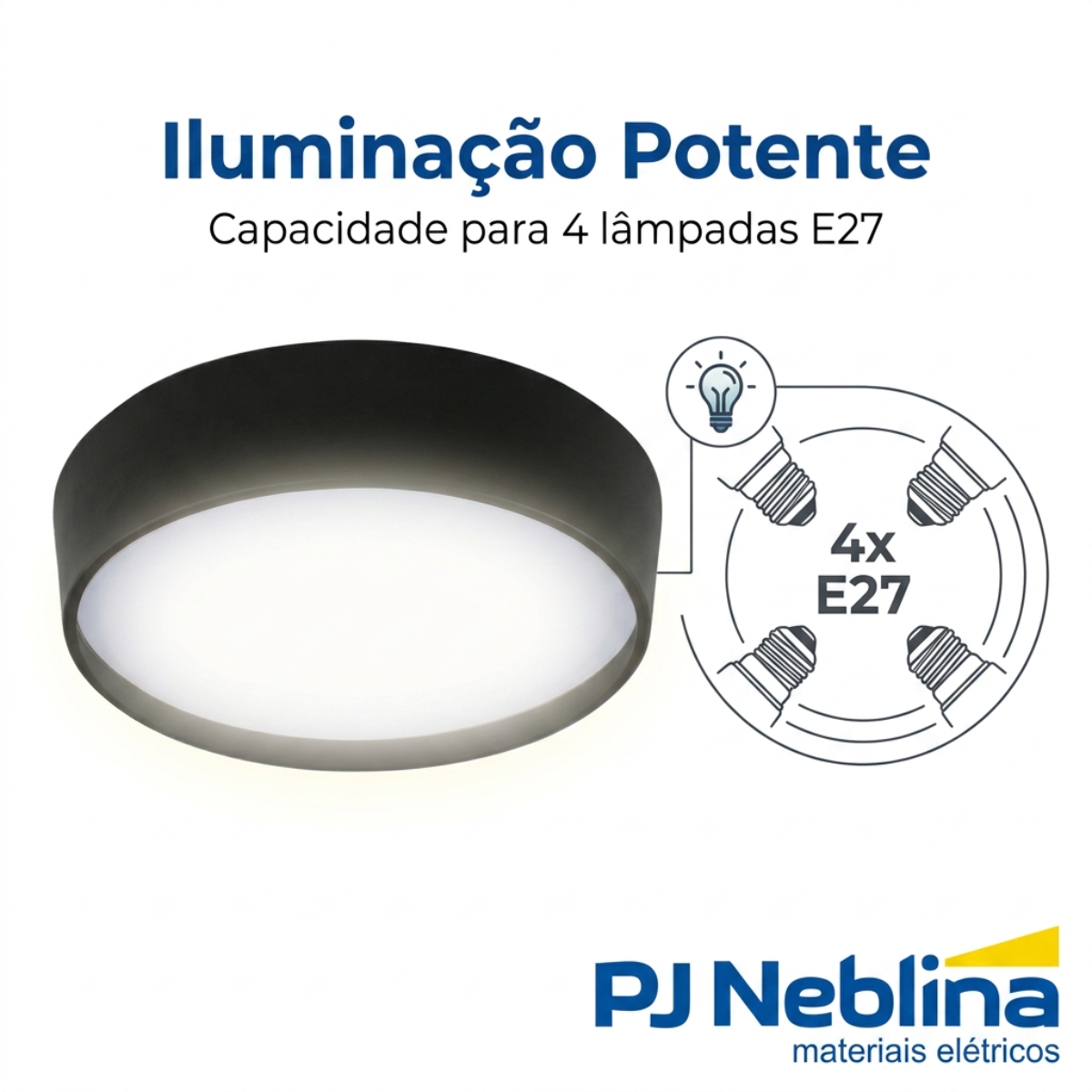 Luminária Plafon Sobrepor Ravena Preto/Preto 15W 4Xe27 Bivolt Difusor Poliestireno - Tuaflix