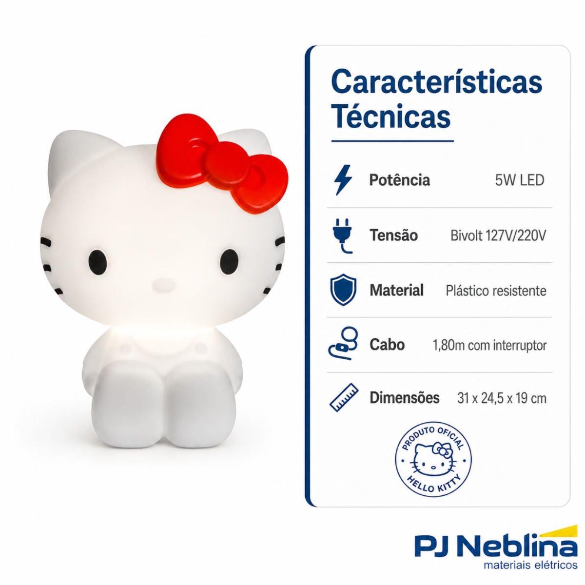 Luminária Mesa Led Hello Kitty 5W Bivolt Com Cabo 1,80M 1915 - Usare