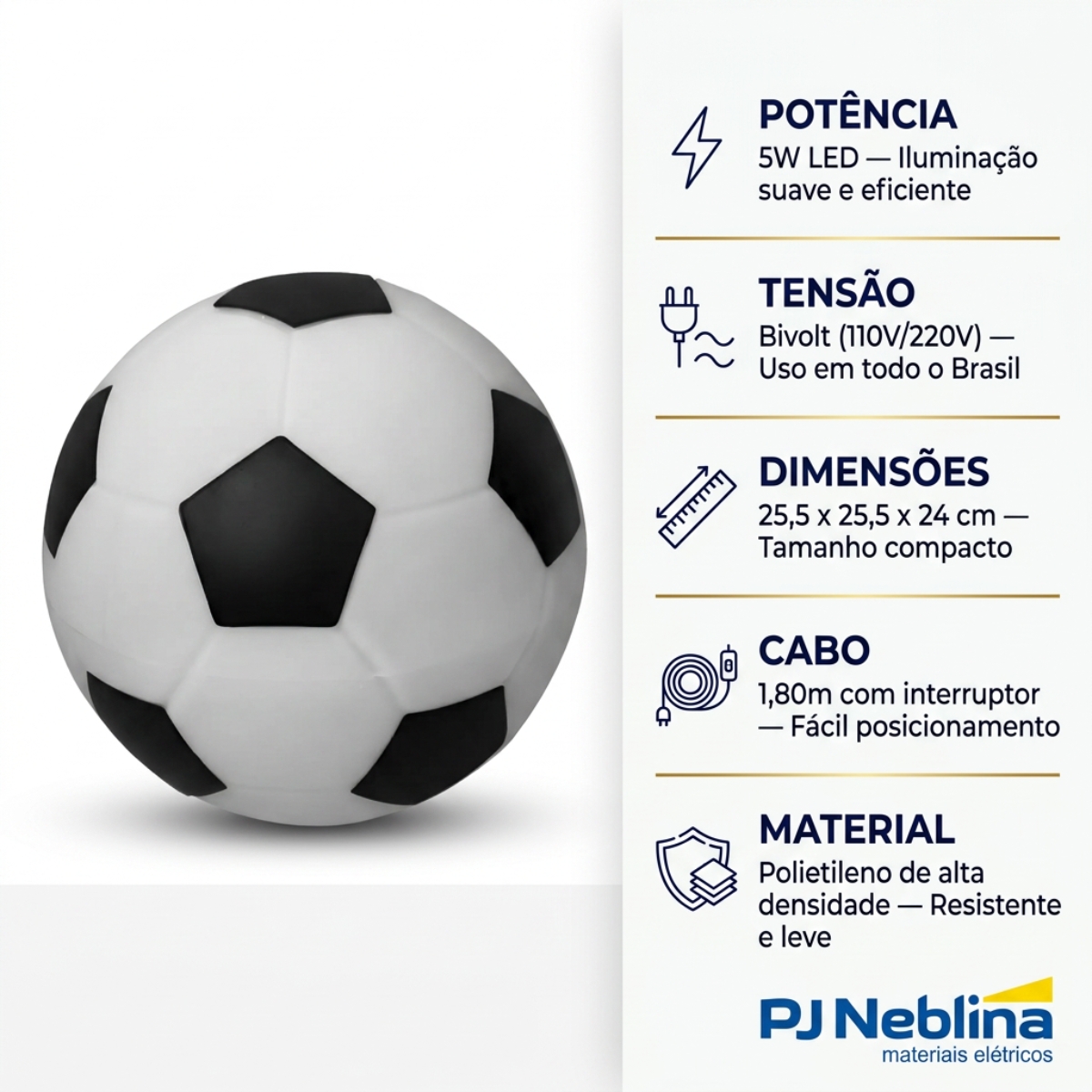Luminária Mesa Led Bola De Futebol Preto 5W Bivolt Com Cabo 1,80M - Usare