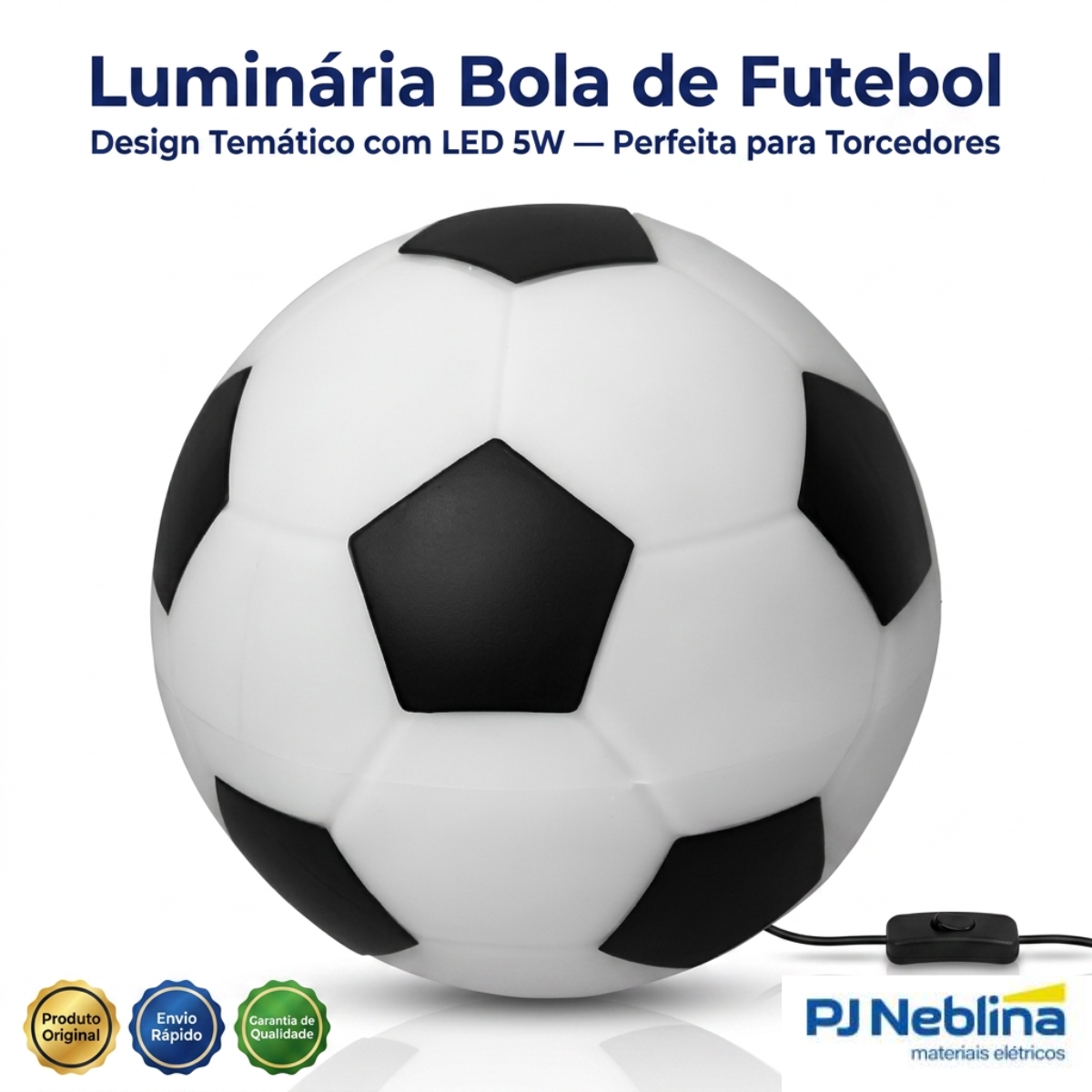 Luminária Mesa Led Bola De Futebol Preto 5W Bivolt Com Cabo 1,80M - Usare