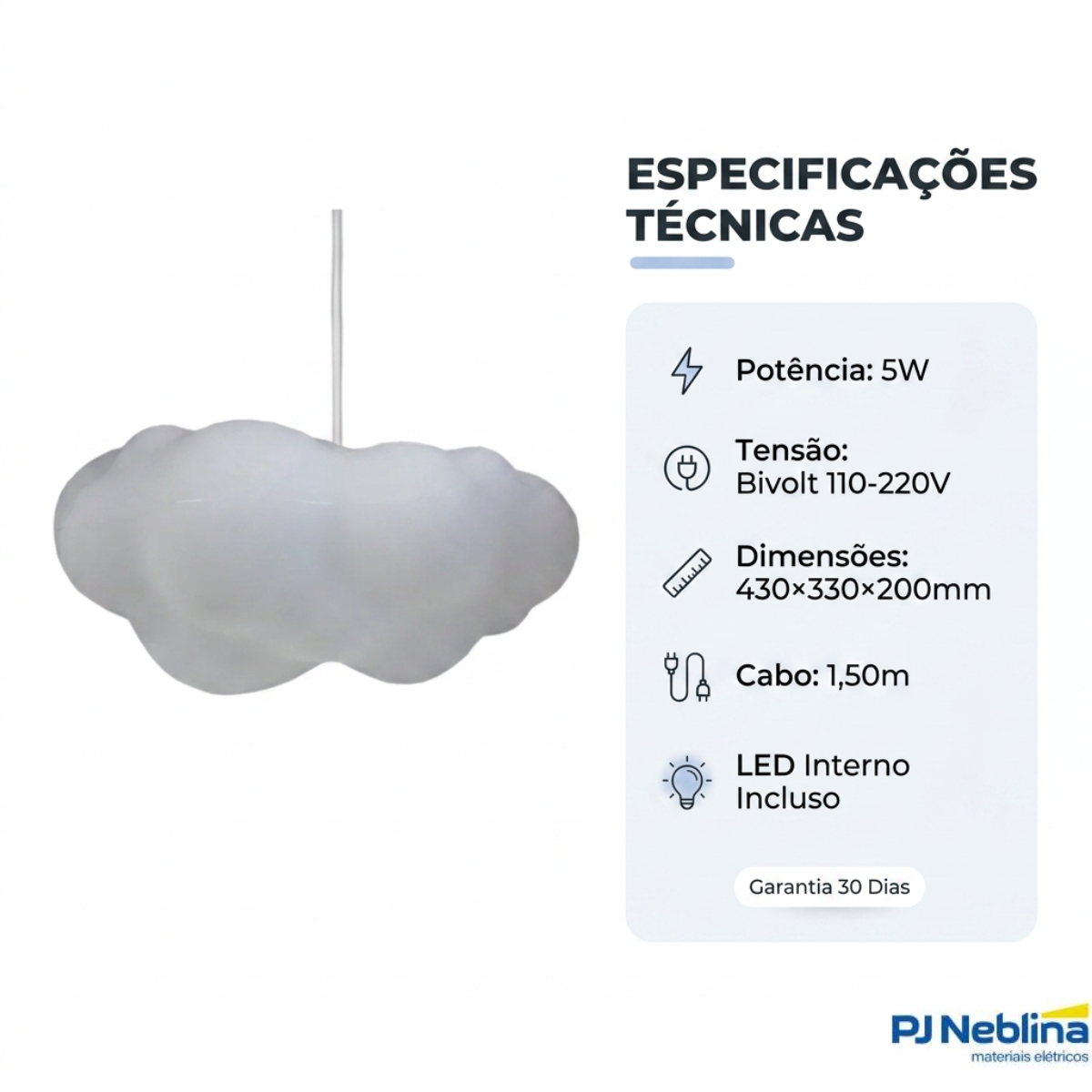 Luminária Pendente Led Nuvem Fluffy 5W Bivolt Com Cabo 1,50M 2028 - Usare