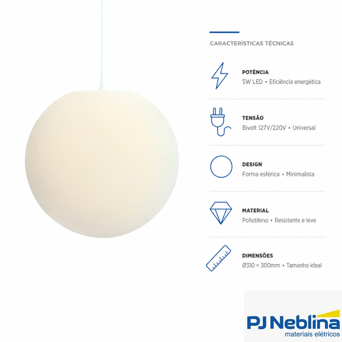 Luminária Pendente Led Esfera 5W Bivolt 1856 - Usare