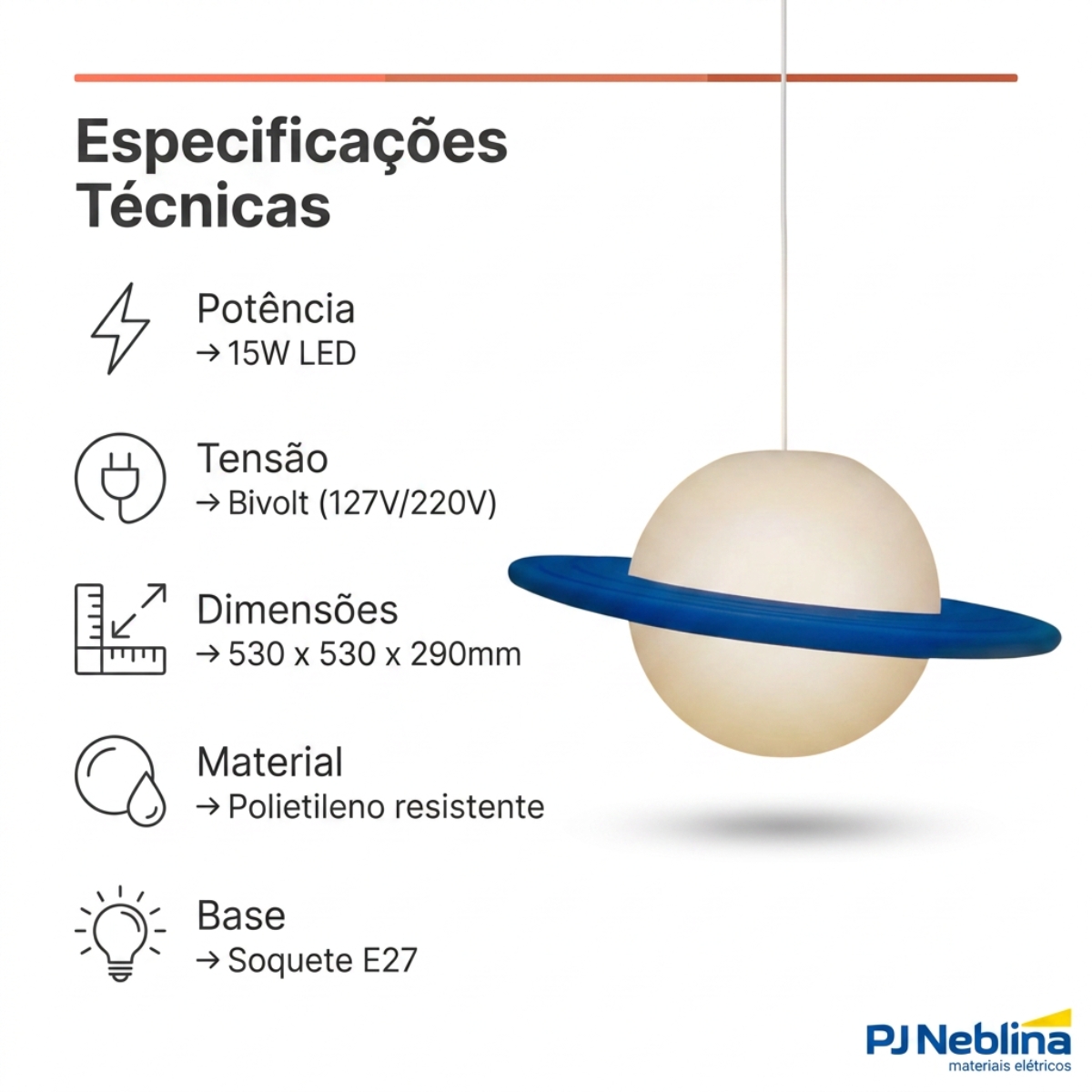 Luminária Pendente Led Saturno 15W Bivolt 1772 - Usare