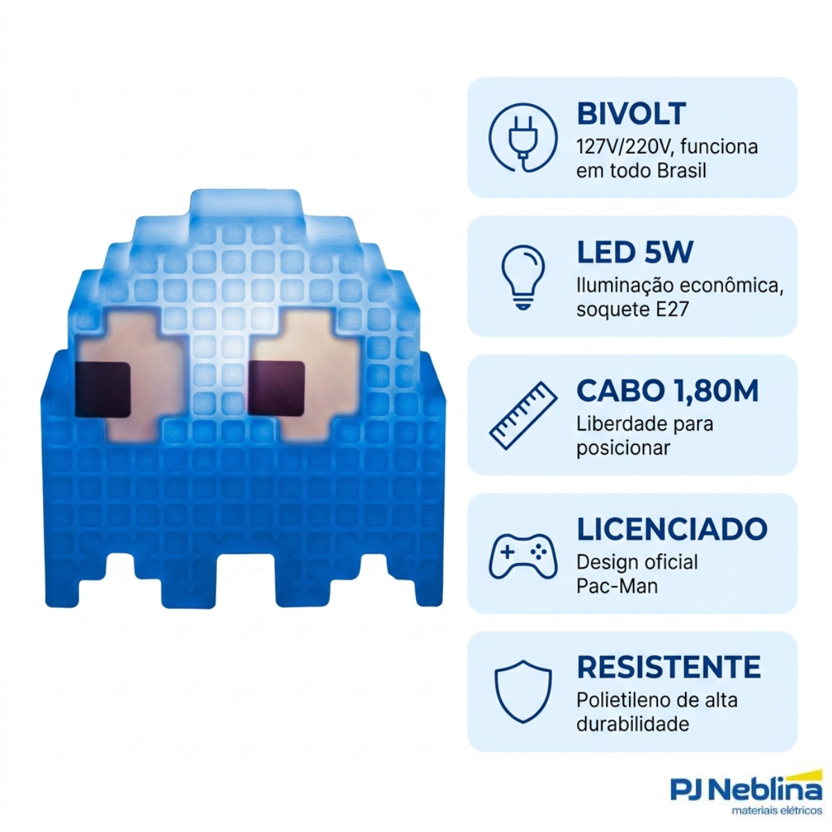 Luminária Mesa Led Fantasminha Pacman Azul - Inky 5W Bivolt Com Cabo 1,80M 1860 - Usare